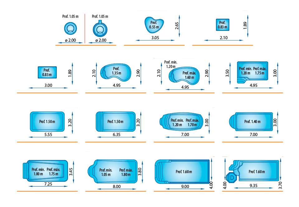 tamaños de las piscinas de fibra de vidrio